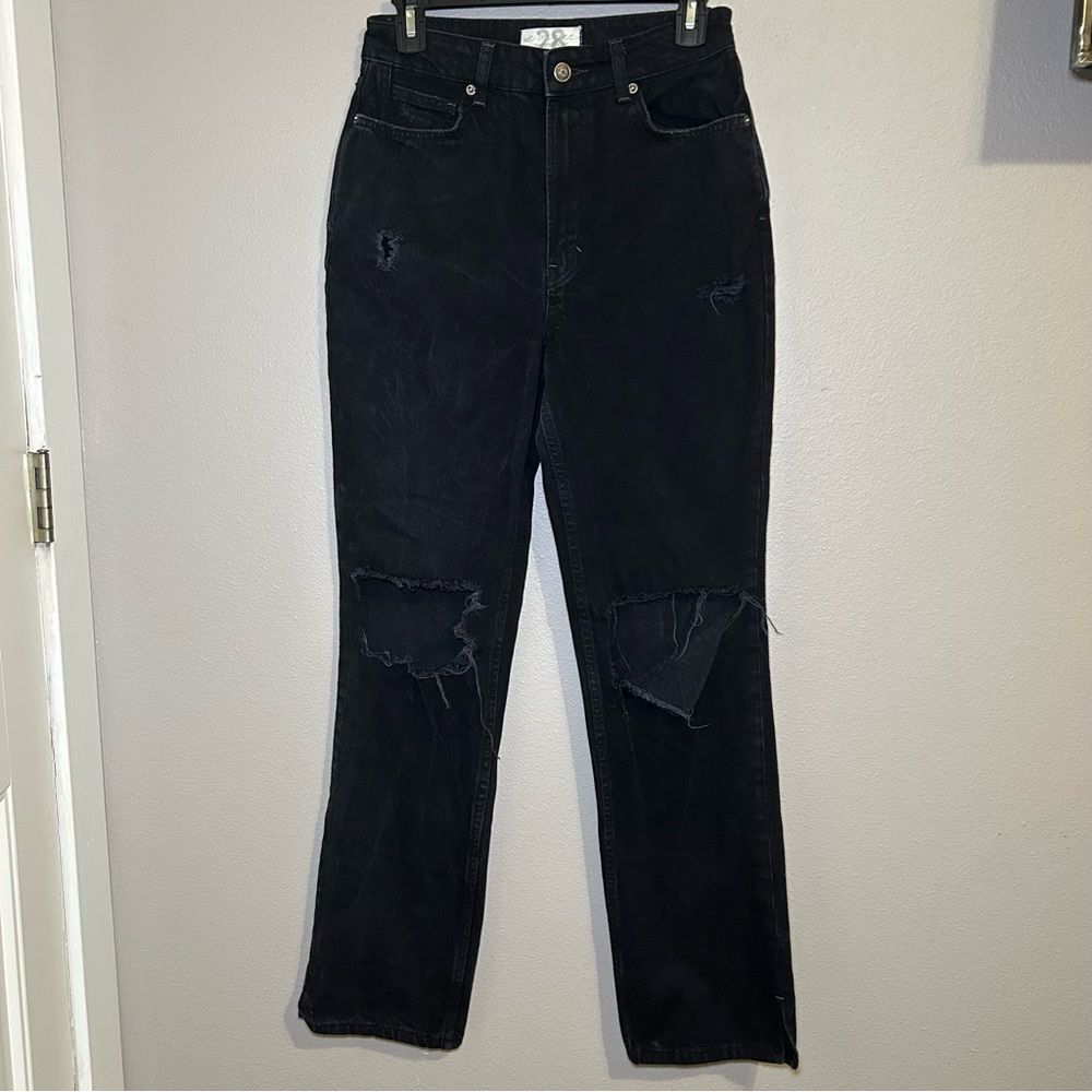 Free People Black High Rise Distressed Ripped Straight Leg Jeans Women’s Size 28